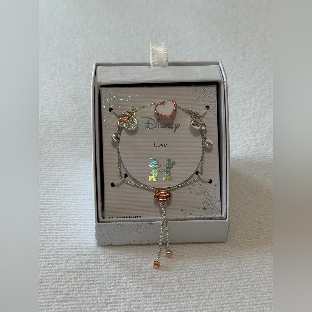 Disney Silver Plated Two Tone Minnie & Mickey (Love) Charm Adjustable Bracelet - Picture 2 of 14